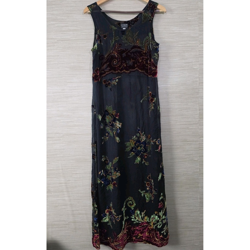 Citron Santa Monica Maxi Dress Womens M Black Floral Velvet Burnout Silk Blend